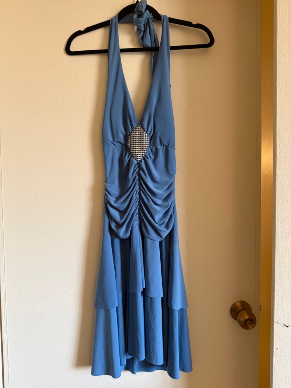 Star Vixen Blue One-Shoulder Halter Dress with Rhinestone Accent